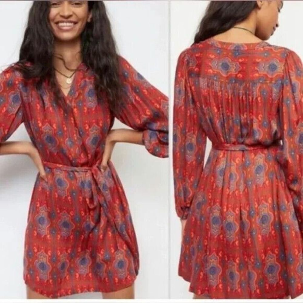 Anthropologie Tiny Women Rosemary Tunic Dress Size M Red Printed Mini Belted